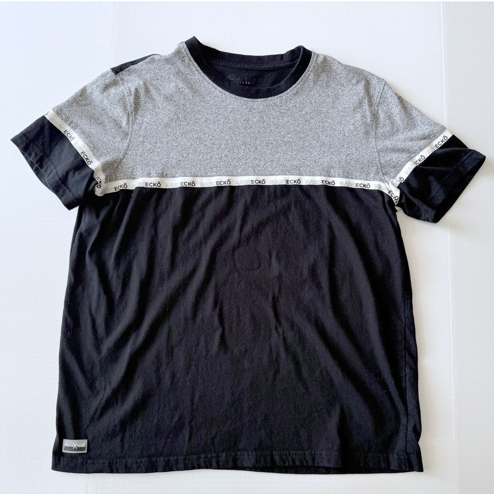 Marc Ecko Black Gray T-Shirt Mens XL Colorblock Logo Tape Streetwear Tee